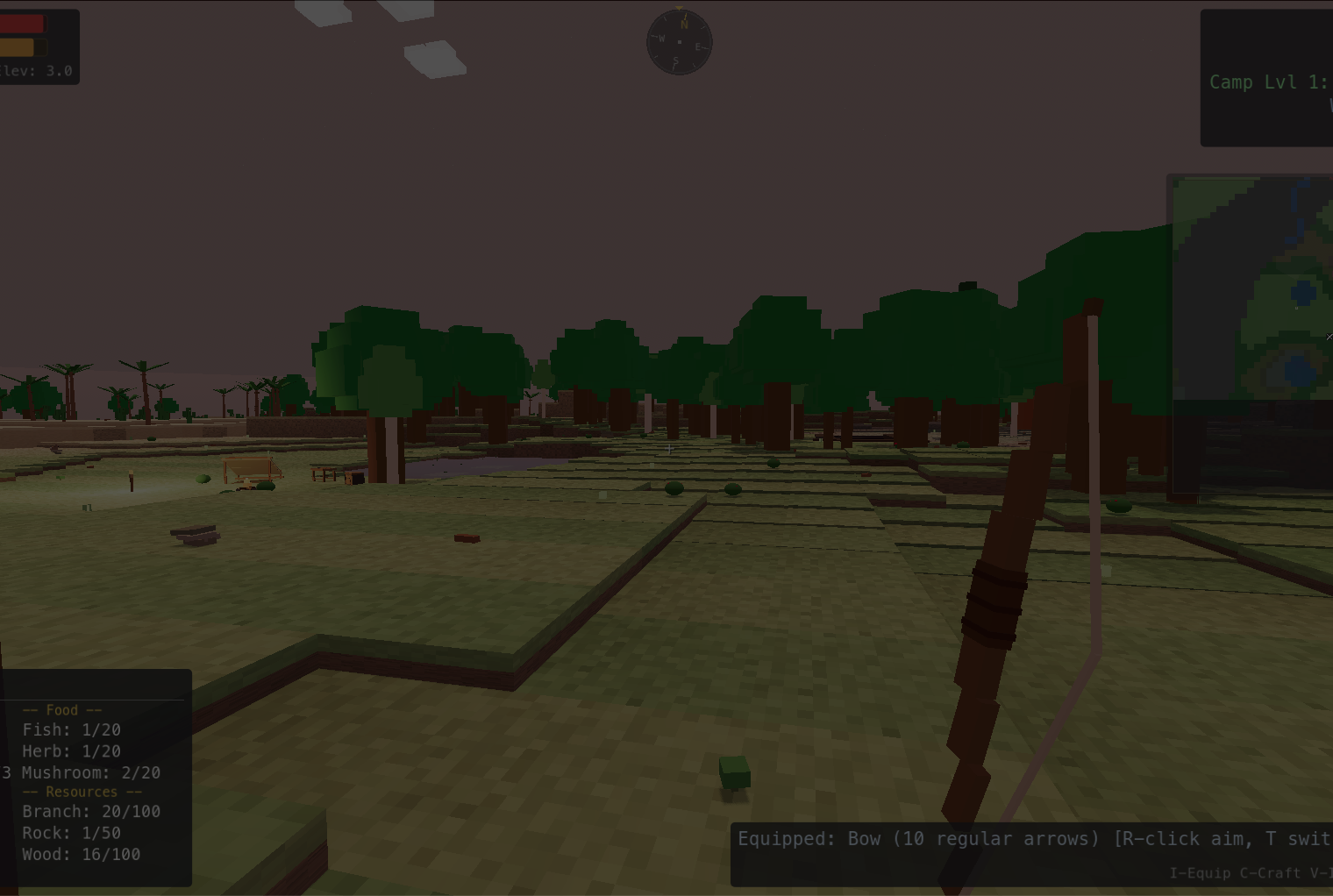 Player holding a bow in an open field with trees in the background