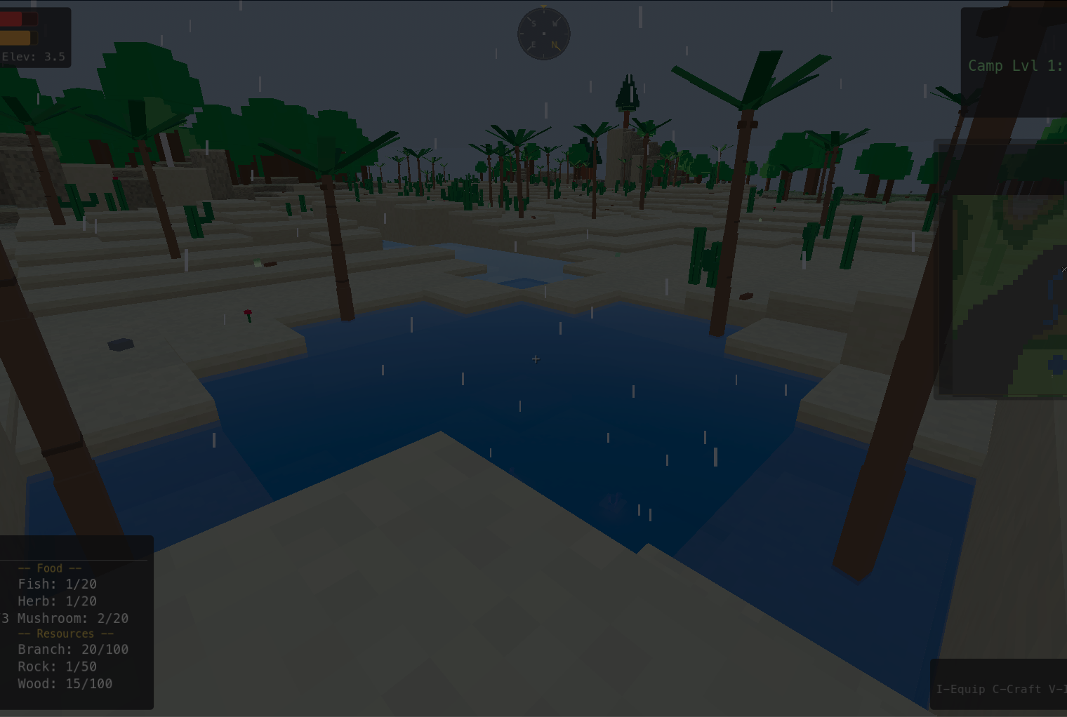Desert oasis with palm trees and rain falling on blue water