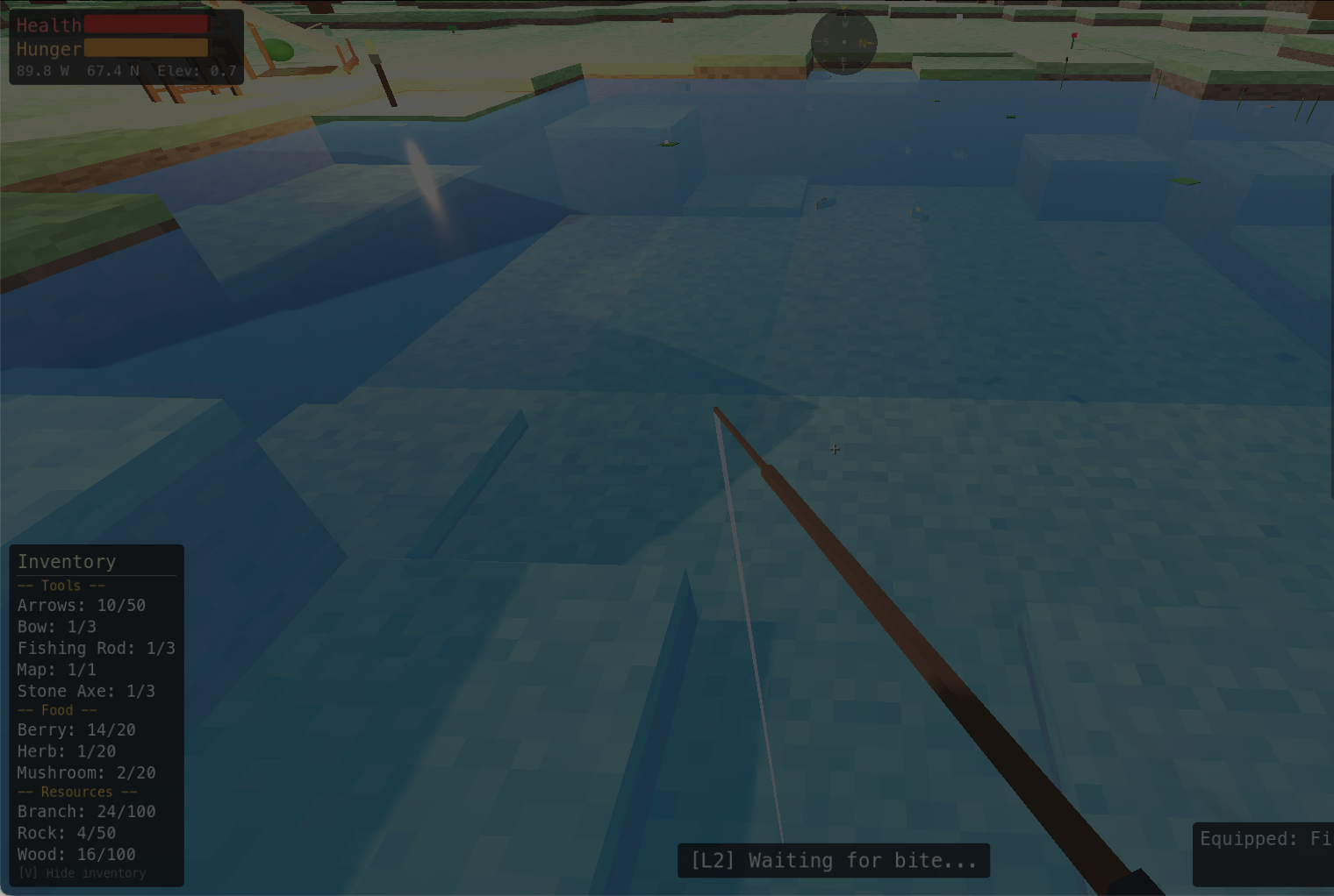 First-person view fishing with a rod at a pond near camp