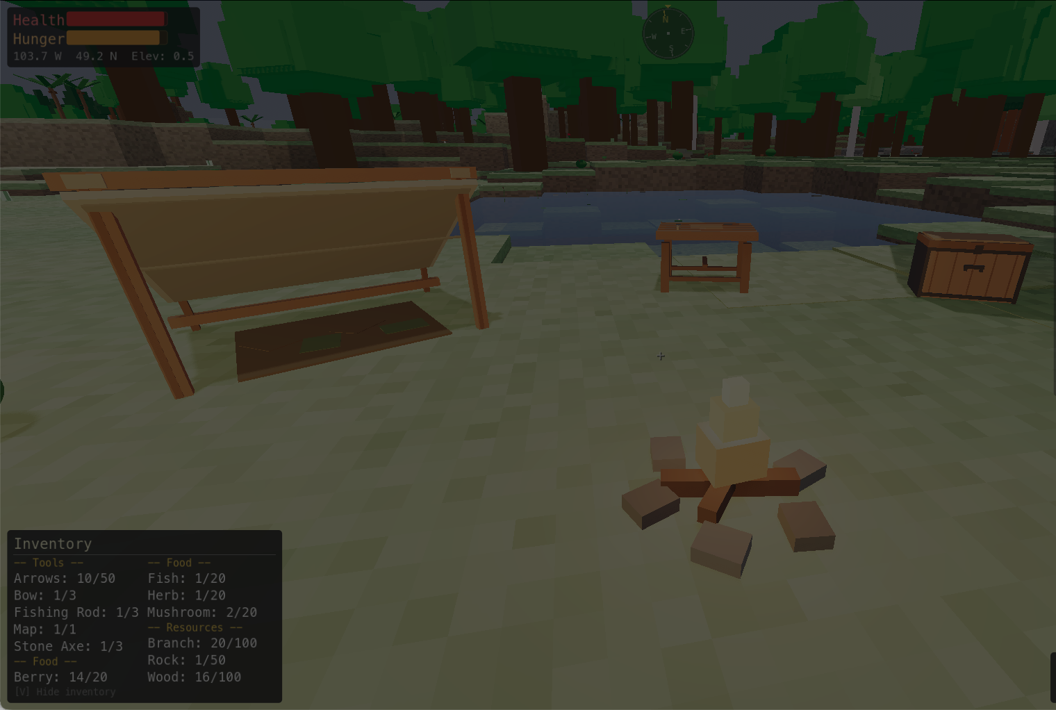 Campsite with shelter, fire pit, crafting bench, and fishing pond surrounded by forest