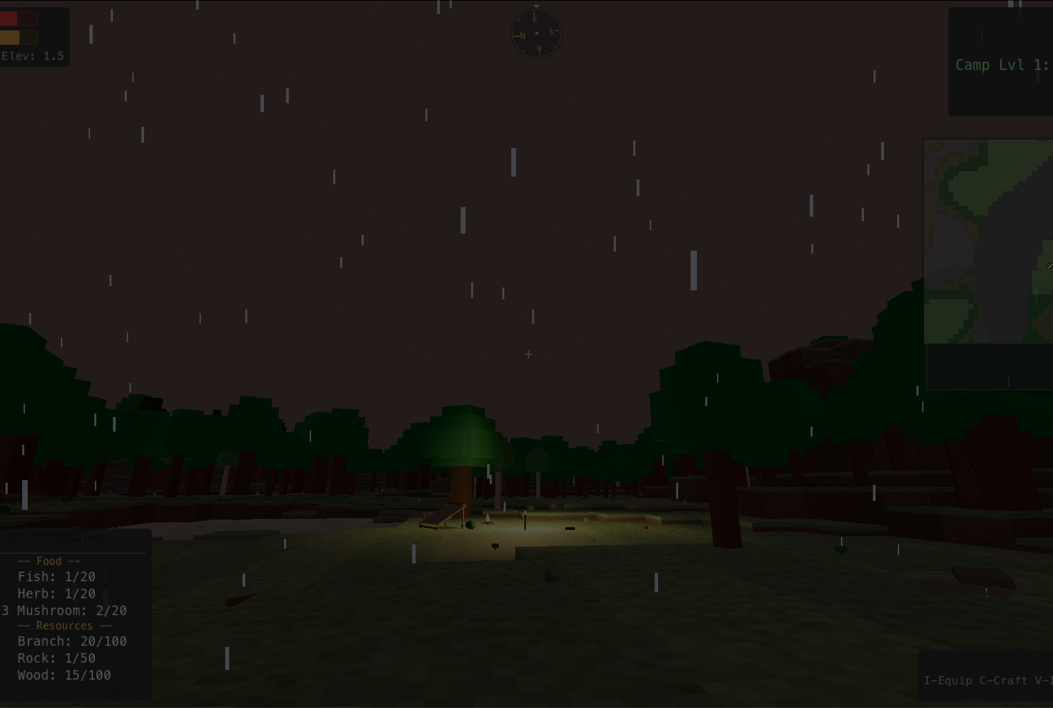 Rain falling at night with distant trees and fireflies
